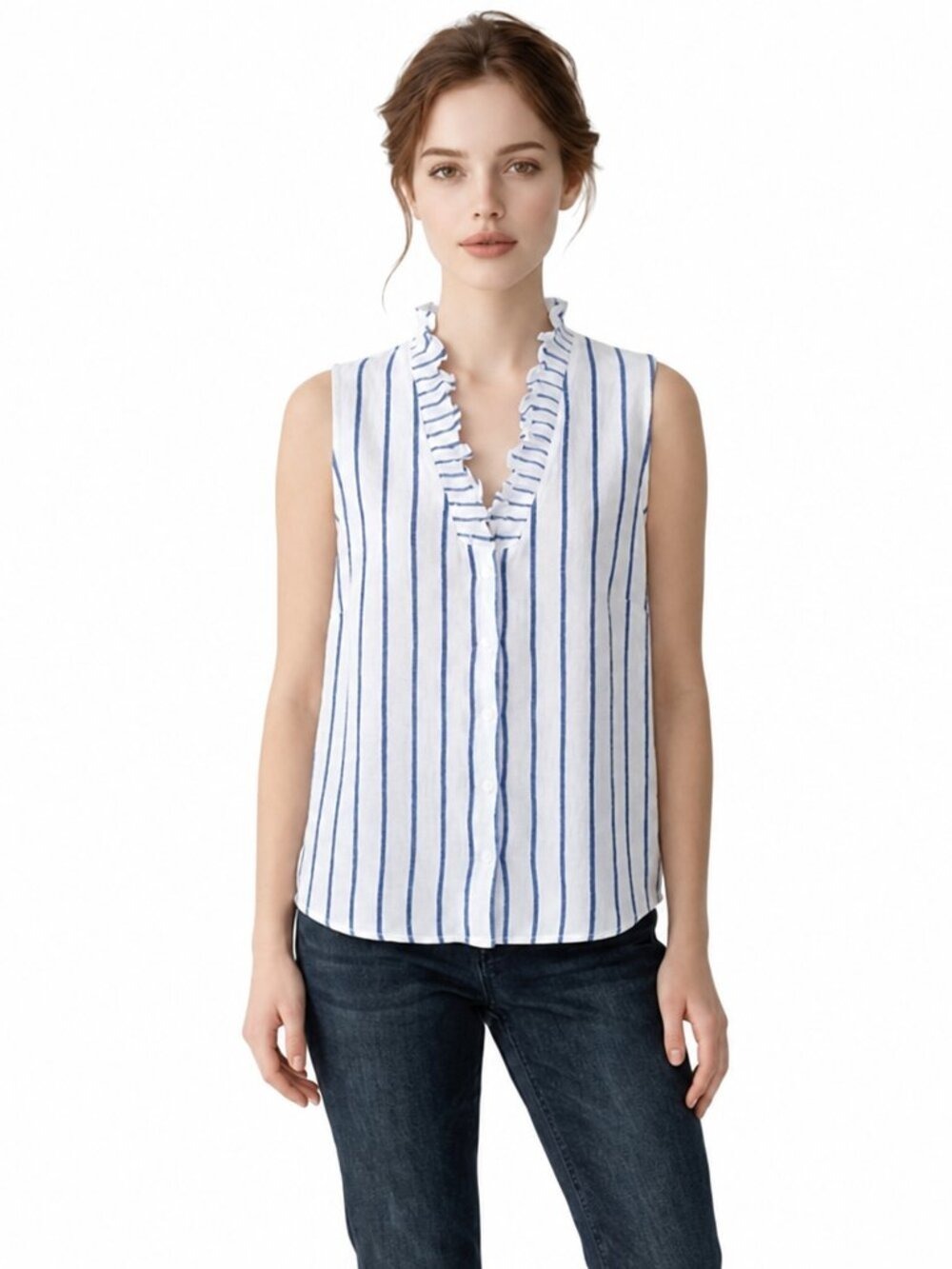 Ellen Tracy Ruffle V‑Neck Striped Sleeveless Blouse | Size M | Linen Blend